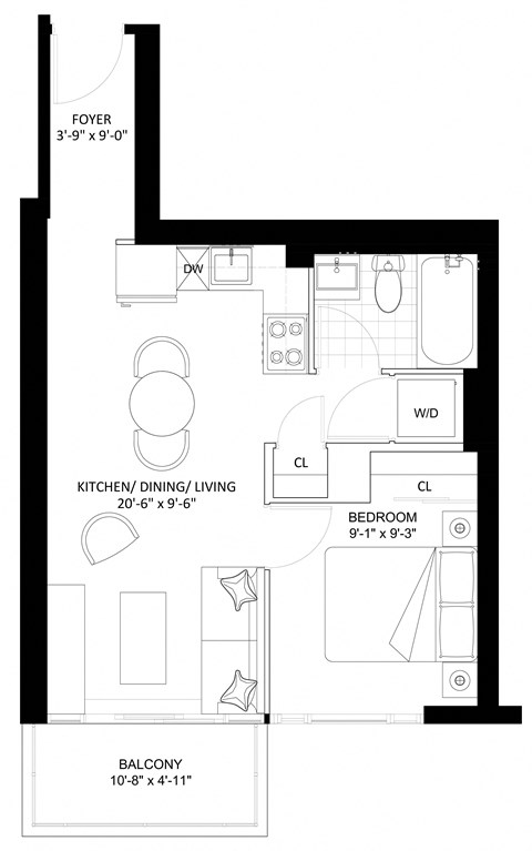 Floor plan for 1 bed, 1 bath, 486 sqft